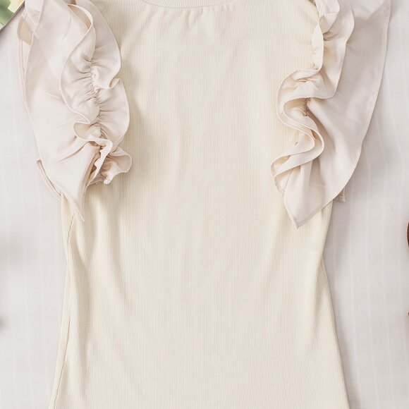 Beige Ruffle Flutter Sleeve High Neck Ribbed Blouse - Picture 2 of 4